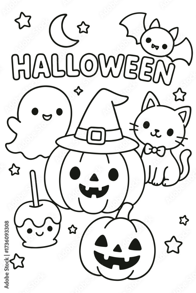 Fototapeta premium A funny cartoon illustration set of animal character faces and people for a seamless Halloween coloring book pattern design