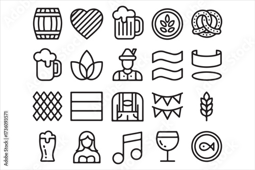 Oktoberfest Icons Bundle Beer, Pretzel, Bavarian Vector Set.