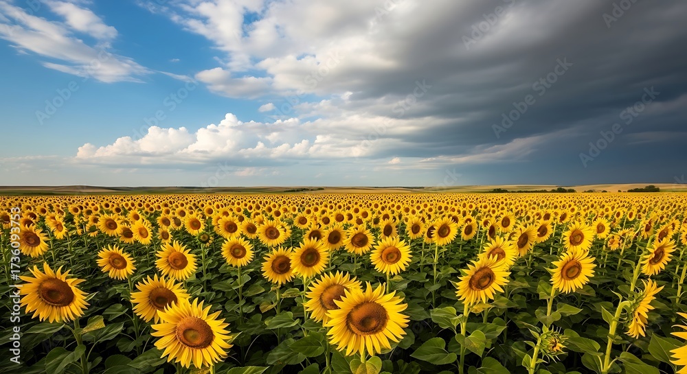 Fototapeta premium A vast sunflower field under a dramatic sky