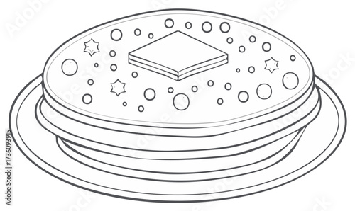 Stylized line art illustration of a stack of pancakes with a pat of butter and decorative circles and stars.