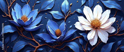 Luxury floral wallpaper featuring 3D embossed blossoms with gold, silver, and marble textures, elegant botanical mural in rich colors, abstract illustration for art prints, seamless 4K decorative back