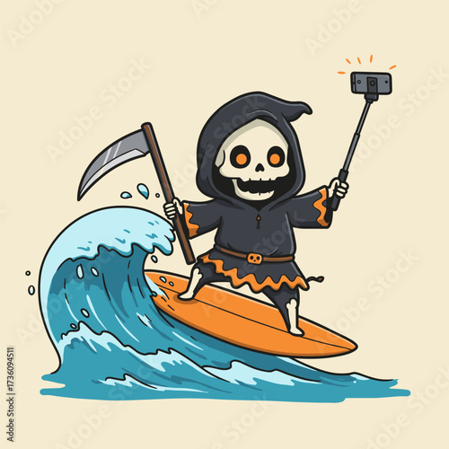 Cartoon Grim Reaper skeleton surfing on orange board, wearing black robe with orange trim, holding scythe and selfie stick.