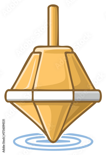 Golden spinning top toy creating ripples on water surface in cartoon style