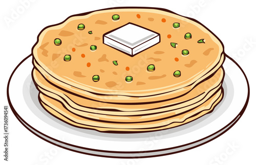 Savory pancake stack illustration with butter, green peas, and spices served on a plate