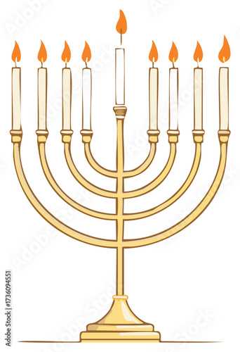 Illustrated golden menorah with nine lit candles for Hanukkah celebration