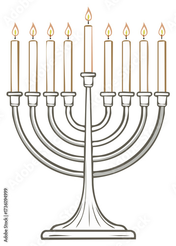 Illustration of Hanukkah menorah with nine lit candles, celebrating Judaism holiday