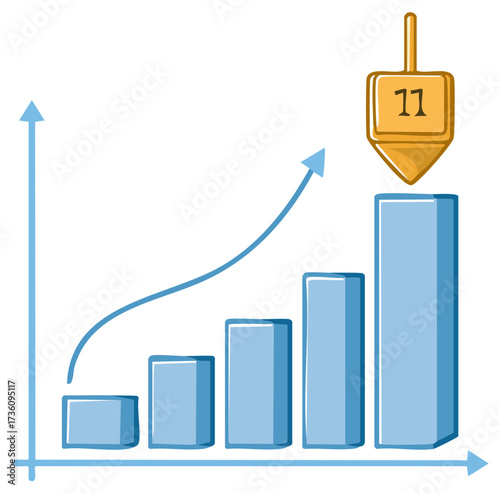 Hanukkah Dreidel on Graph with Rising Arrow Shows Growth, Progress, and Financial Success