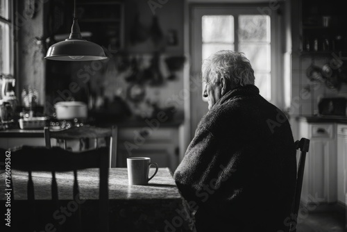 Elderly man sits at kitchen table, quietly gazing out window, in solitude.