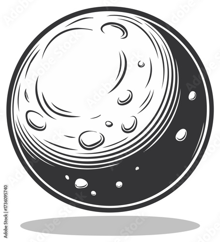 Stylized crescent moon with craters black and white illustration
