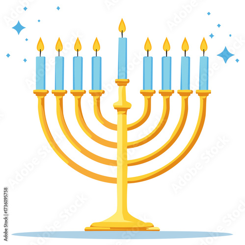 Golden Chanukah Menorah with lit blue candles and sparkling stars
