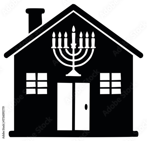Minimalist house icon featuring a Hanukkah menorah and lit candles for Jewish holiday