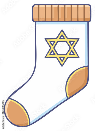Cute cartoon white sock with Star of David symbol and orange accents