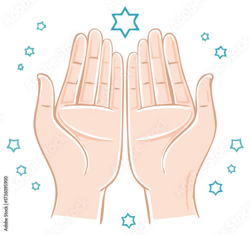 Open hands raised in prayer with Star of David illustration for Jewish religious celebration