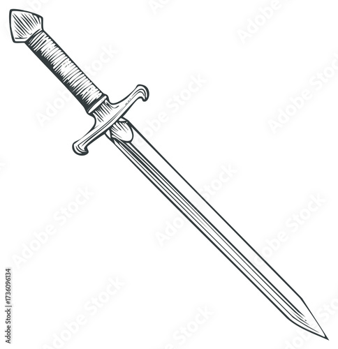 Hand drawn illustration of a medieval sword in black and white with fine details