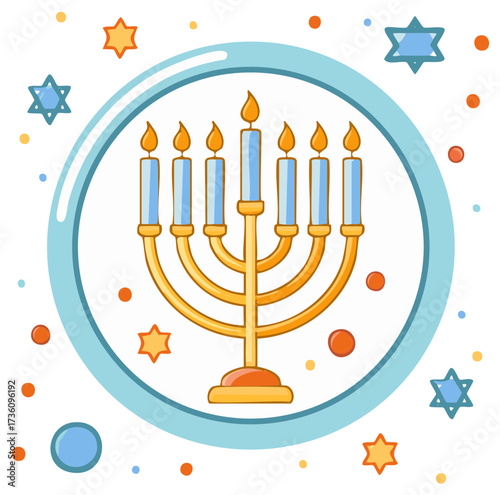 Illustrated menorah with candles and Stars of David within a circular frame.