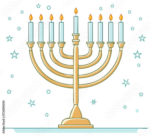 Illustrated Menorah with Lit Candles and Decorative Stars