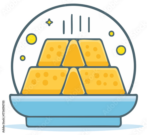 Illustration of stackable rectangular gold bars in a blue dish with decoration