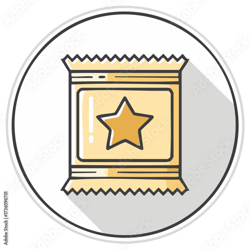 Yellow snack packet with star icon in a circle, simple drawing style.