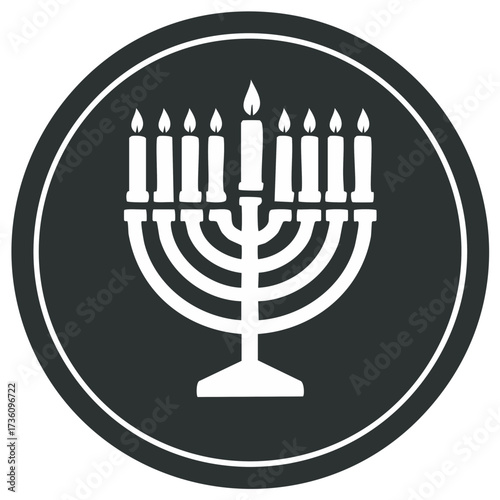 Jewish Hanukkah menorah with nine lit candles in a circular icon design celebrating the festival of lights
