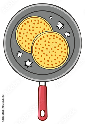 Cartoon Pancakes Cooking in a Frying Pan with a Red Handle