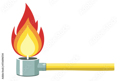 Burning Bunsen burner with blue flame and yellow gas pipe in studio illustration
