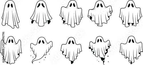 Spooky cartoon ghosts floating on a white background design
