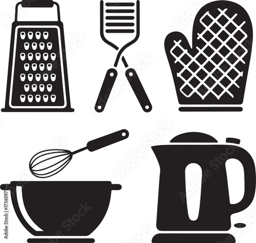 Assortment of Black Kitchen Utensil Silhouettes and Appliances on White Background Keywords: kitchen, utensils, cooking, preparation, tools, equipment, grater, tongs, oven mitt, whisk, bowl