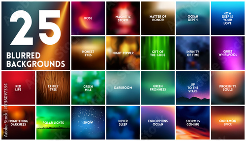 BIG set of 25 square blurred nature dark backgrounds. With various quotes. Sunset and sunrise sea sky blurred blue background