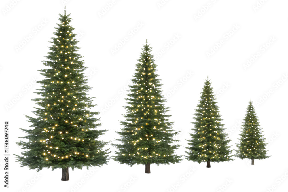 Obraz premium A row of four christmas trees of varying sizes decorated with white lights against black background