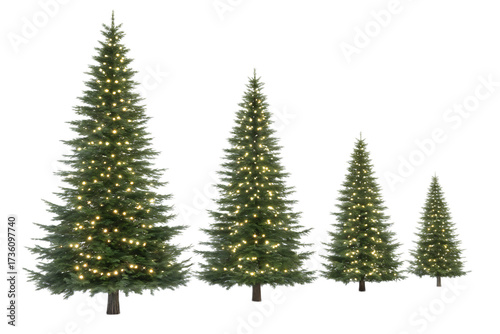 A row of four christmas trees of varying sizes decorated with white lights against black background