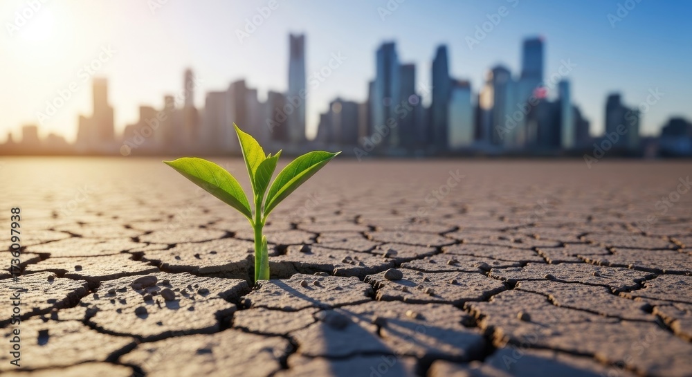Fototapeta premium Green sprout grows from dry cracked earth with city skyline background