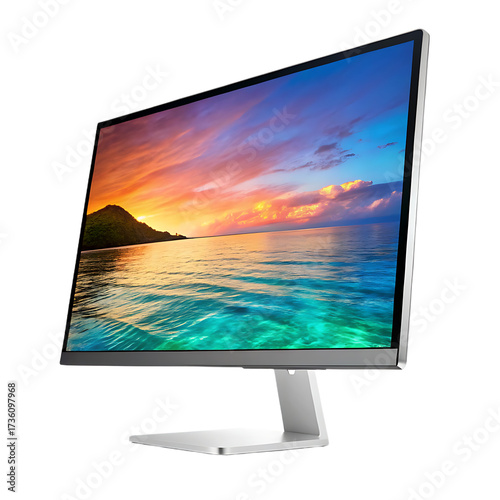 A silver computer monitor displaying a vibrant ocean sunset landscape on a black background view from side