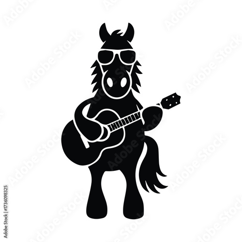 Cartoon silhouette horse wearing sunglasses playing acoustic guitar on silhouette