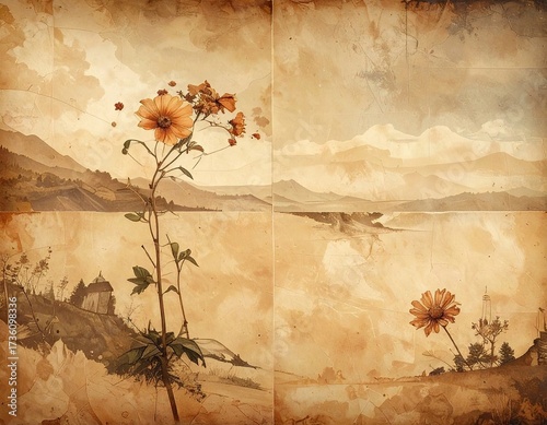 Floral Landscape in Warm Beige and Brown Hues Featuring a Mountain Range Under a Cloudy Sky with a Prominent Flower Theme