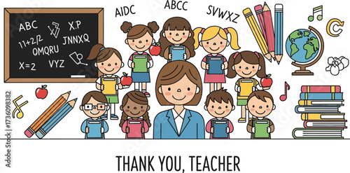 Teacher surrounded by students with books and school items