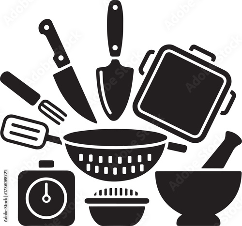 Dynamic Arrangement of Black Kitchen Utensil Silhouettes on White Background Keywords: kitchen, utensils, cooking, preparation, tools, equipment, knife, fork, spatula, trowel, pan, colander