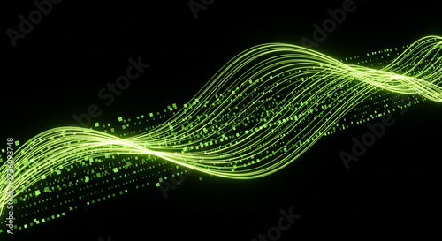 Abstract background with flowing chartreuse green light waves and sparkling particles. A dynamic and futuristic visualization of energy, data, or technology on a black background.
