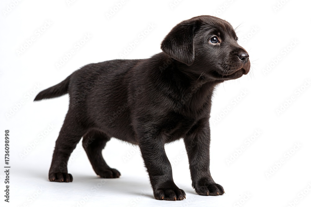 Obraz premium Adorable Black Puppy Standing on White Background Captured in Side View