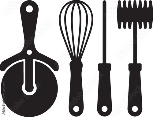 Pizza Cutter Whisk and Two Mashers in Black Silhouette on White Background kitchen utensils