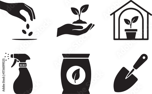 Gardening and Agriculture Icons Planting Tools Greenhouse and Care