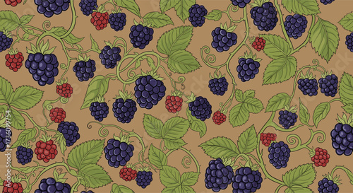 A vibrant seamless pattern featuring ripe blackberries and fresh raspberries entwined with green leaves.