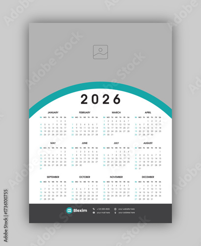 Modern 2026 calendar template clean vector layout with the week starting on Sunday