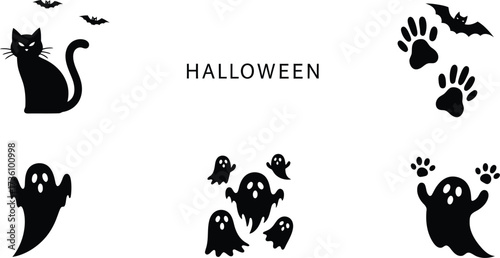 Minimalist halloween vector art featuring cats and ghosts