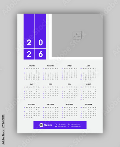 Modern 2026 calendar template clean vector layout with the week starting on Sunday