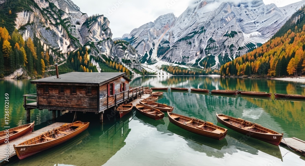 Fototapeta premium Mountain lake with boathouse and rowboats serene autumn landscape