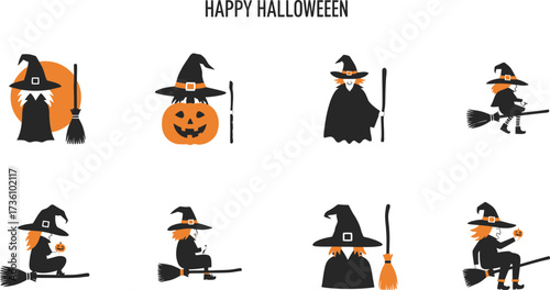 Halloween themed pattern with witches and pumpkins on white