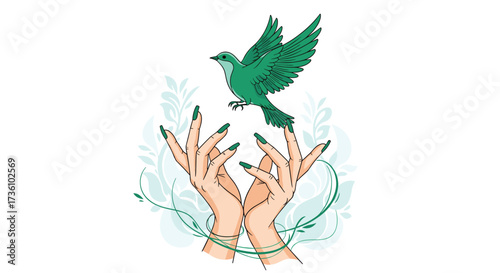 A gentle pair of hands releasing a vibrant green bird into a serene natural environment.