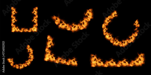 Geometric hot frames with flames of fire. collection of shapes and figures with flaming fire. Realistic vector illustration
