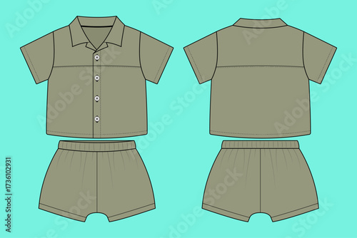 Newborn Baby Woven Camp Collar Shirt and Elastic Hem Shorts Set Fashion Flat Sketch Vector CAD Outline.