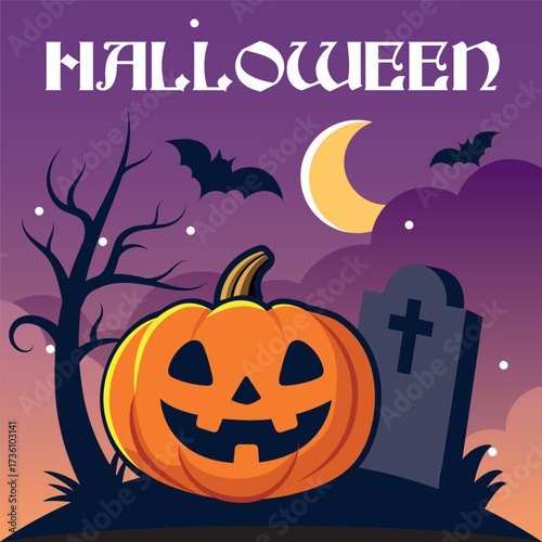 Vector illustration of a Halloween pumpkin placed in a graveyard under the full moon with bats flying around. Perfect for spooky postcards, party invitations, posters, and seasonal holiday decorations